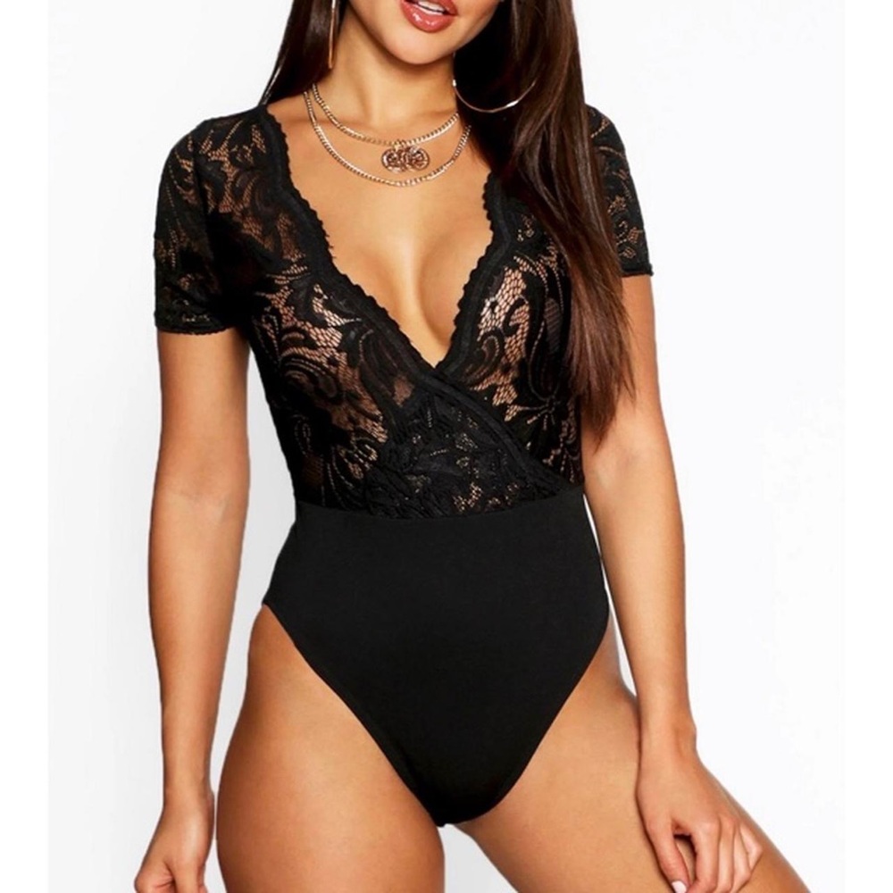 Boohoo Lace Wrap Short Sleeve Bodysuot